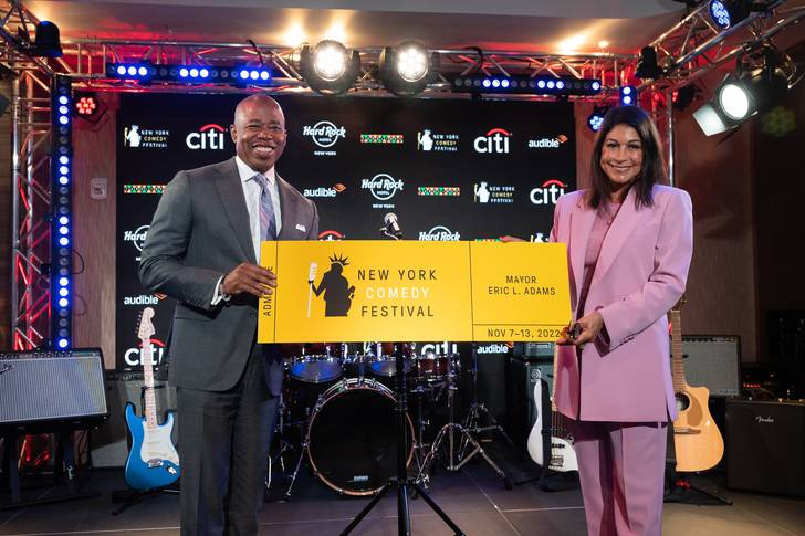 A photo of Caroline Hirsch and NYC Mayor Eric Adams announcing the return of the New York Comedy Festival for its 18th year and the talent line up during a press event at Hard Rock Hotel New York in Times Square, Tuesday, Aug. 16, 2022.